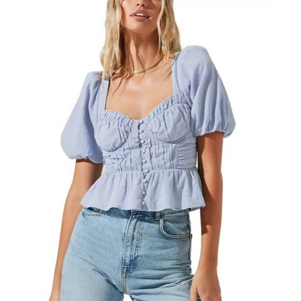 ASTR The Label Clairemont Floral Puff Sleeve Peplum Light Blue Top XS